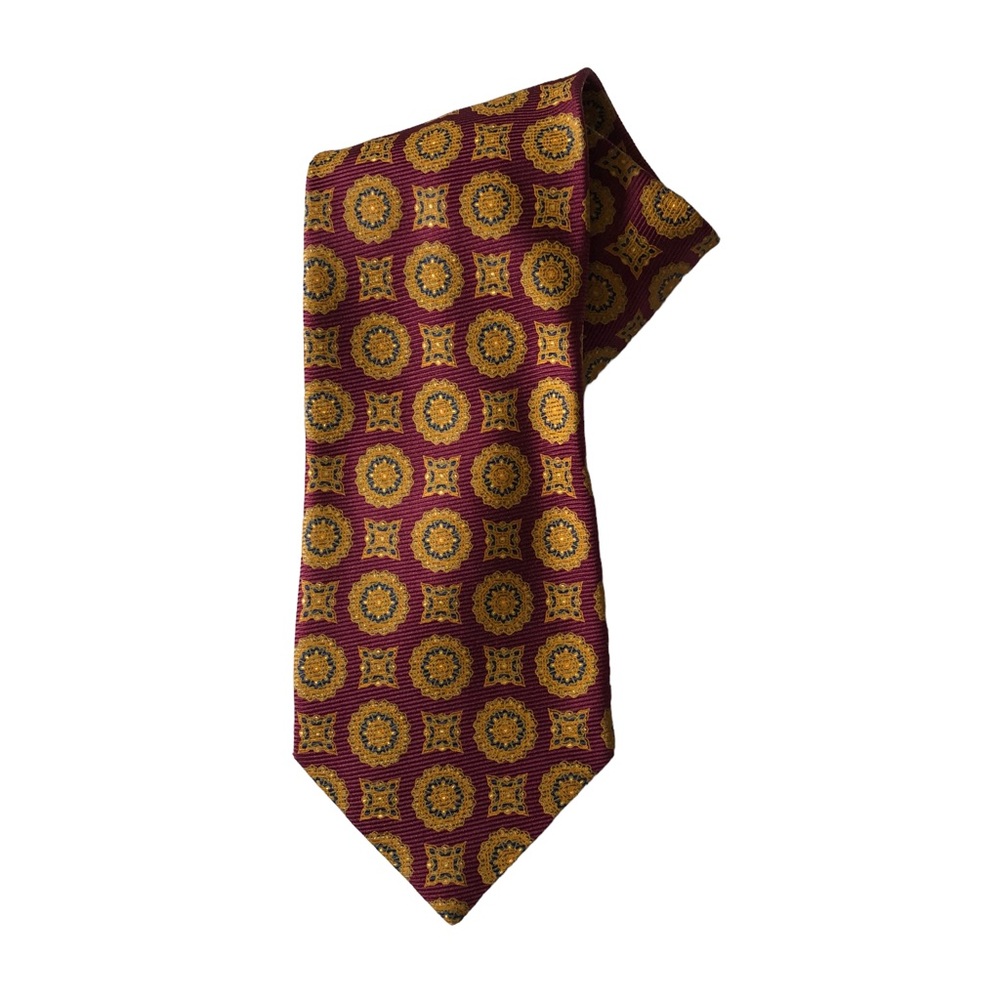 Paul Stuart Maroon Gold Orange Blue Print Silk Tie